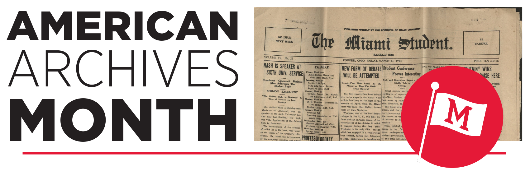 American Archives Month logo with a photo of an old copy of the Miami Student newspaper. 