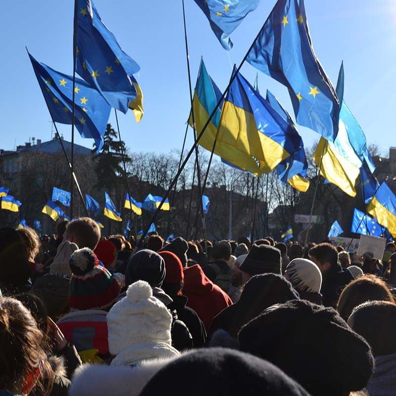 Protestors hold Ukrainian and EU flags during the Euromaidan protest