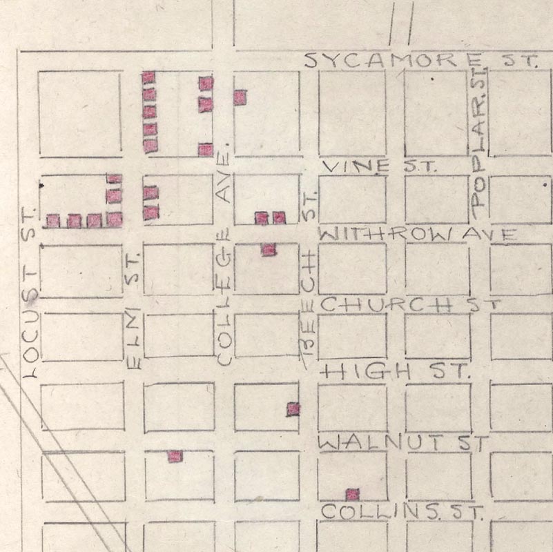Hand drawn map of Oxford, Ohio marking the location of African American owned houses