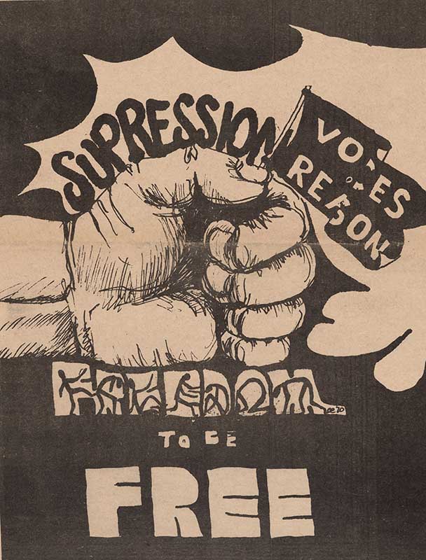 Drawing of a fist crushing the words Freedom while holding a flag that says Voices of Reason