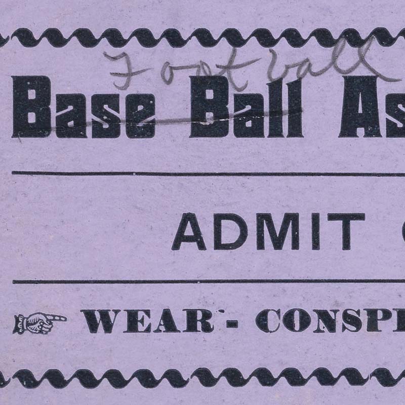 Purple Miami University baseball admission ticket with the words base ball crossed out and football written in pencil