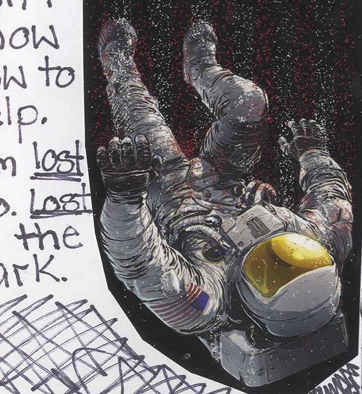An American astronaut falls in space next to fragments of handwritten text